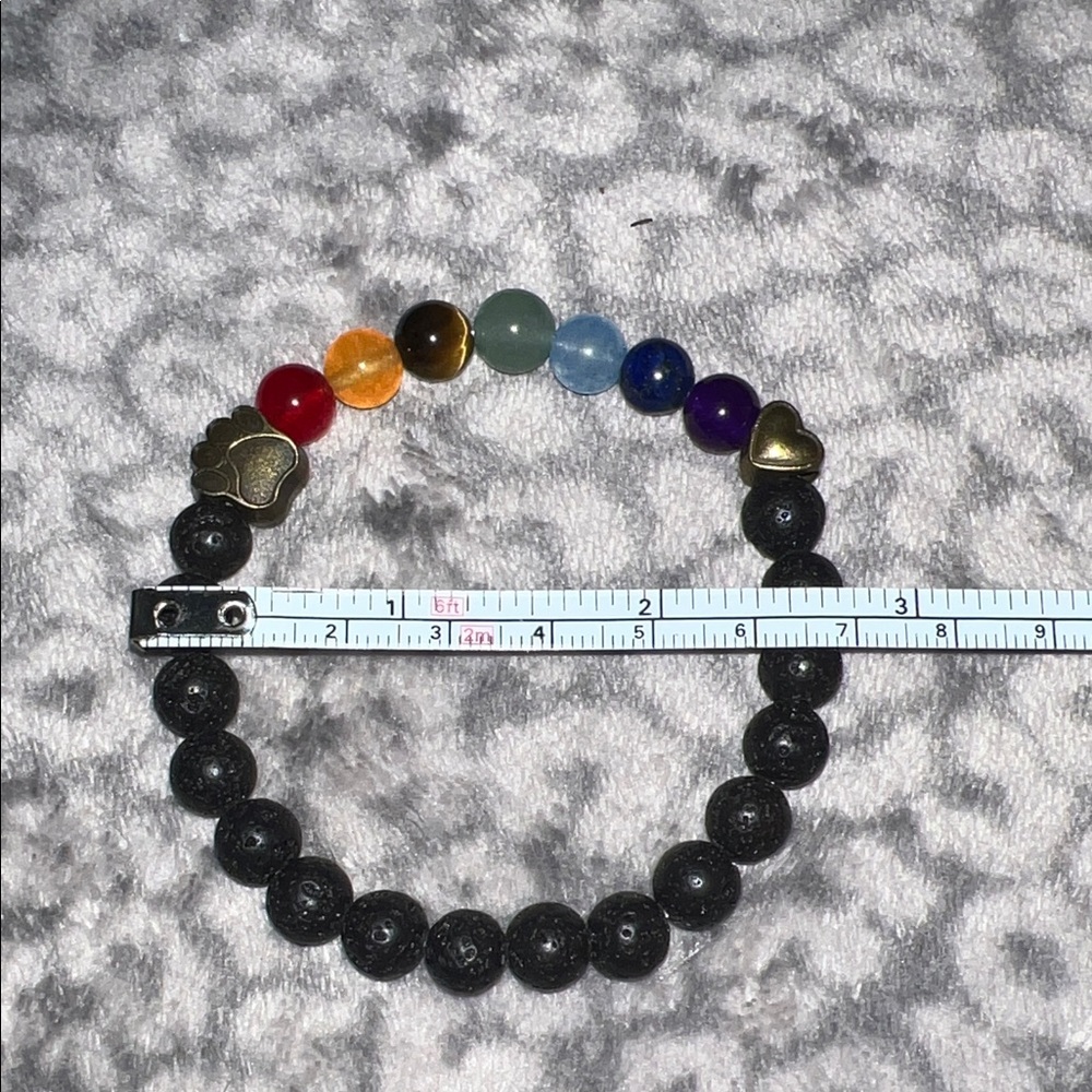 Multicolor Beaded Elastic Bracelet with Gold Tone Heart and Paw Charms - Picture 3 of 4
